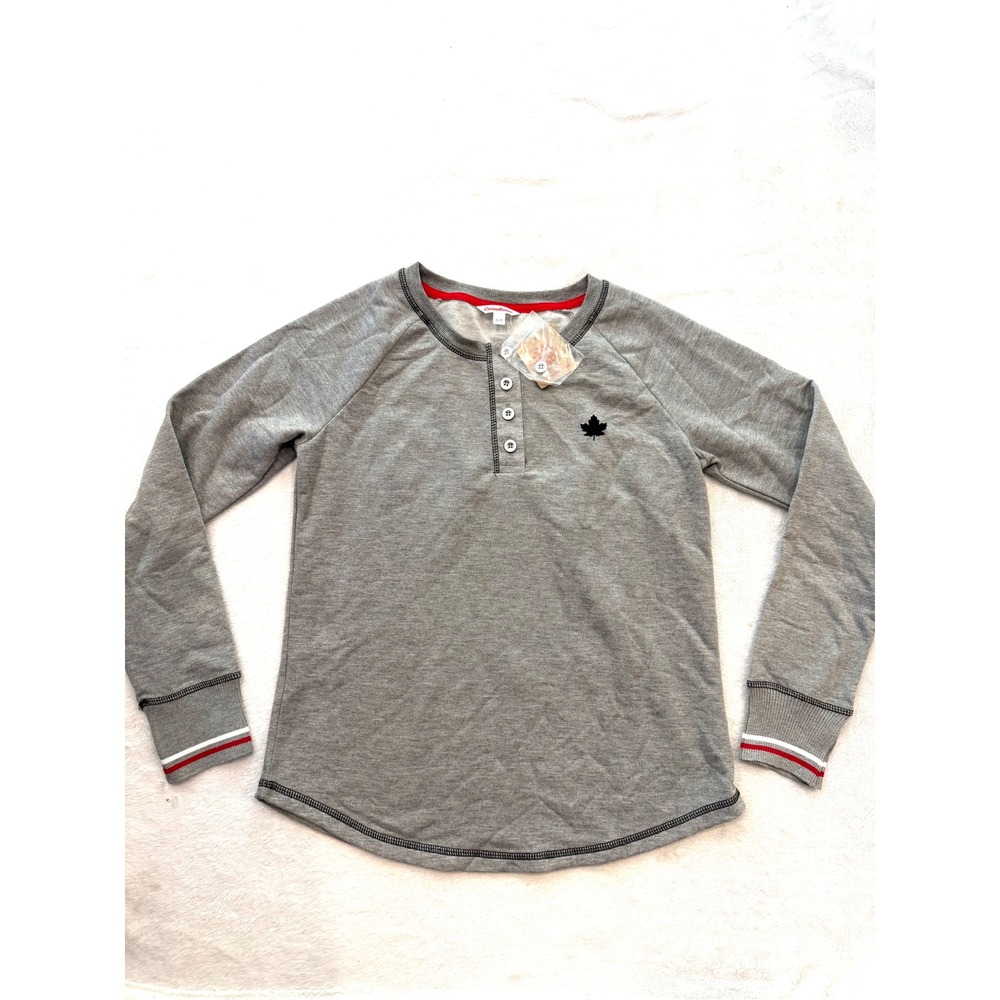 Canadiana Gray Henley Pajama Top Long Sleeve Maple Leaf‎ Stripe Cuff Small NEW
